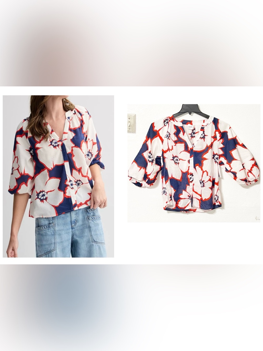 NEW Sonoma Goods For Life Shirred Balloon Sleeve Y-Neck Top Floral Print